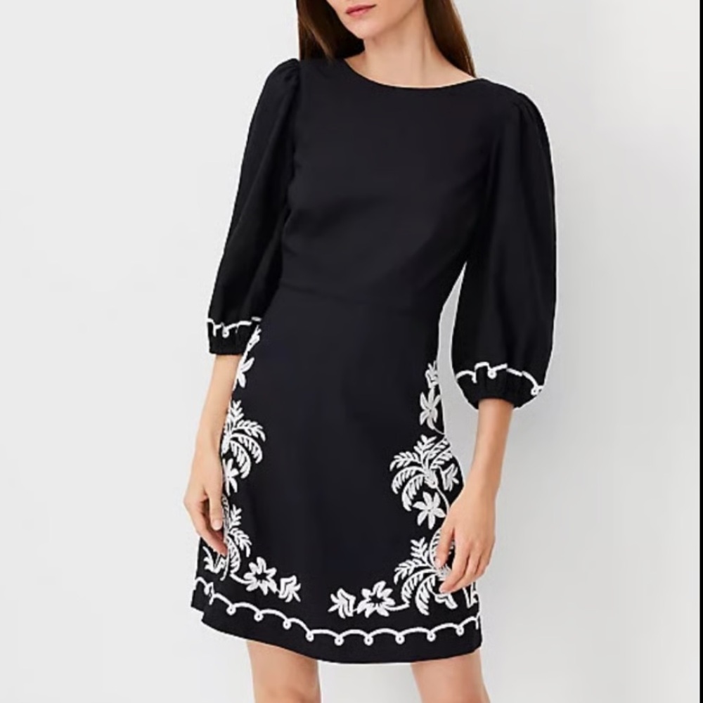 NWOT Ann Taylor Black Linen Dress with White Embroidery 10